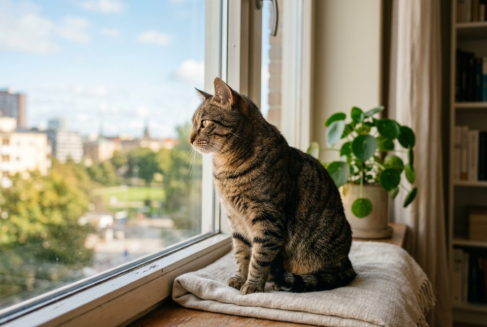 Chat observant la rue depuis son poste d'observation à la fenêtre