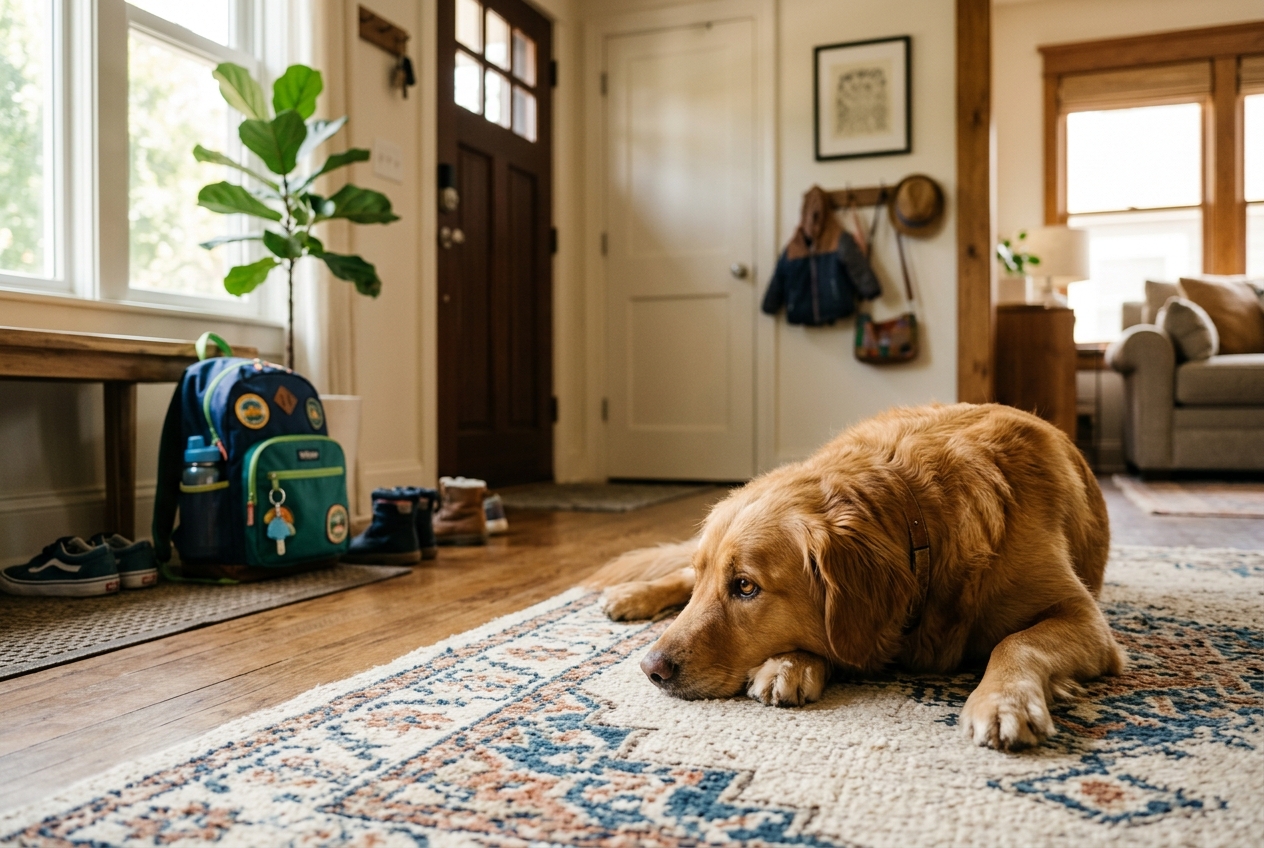 Chien attendant à la maison après le départ pour l'école le matin de la rentrée